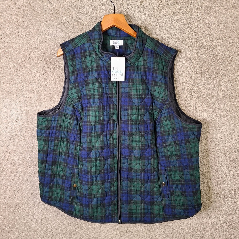 Croft & Barrow Classic‎ Quited Vest Womens 4X Blue Green Plaid Full Zip NEW